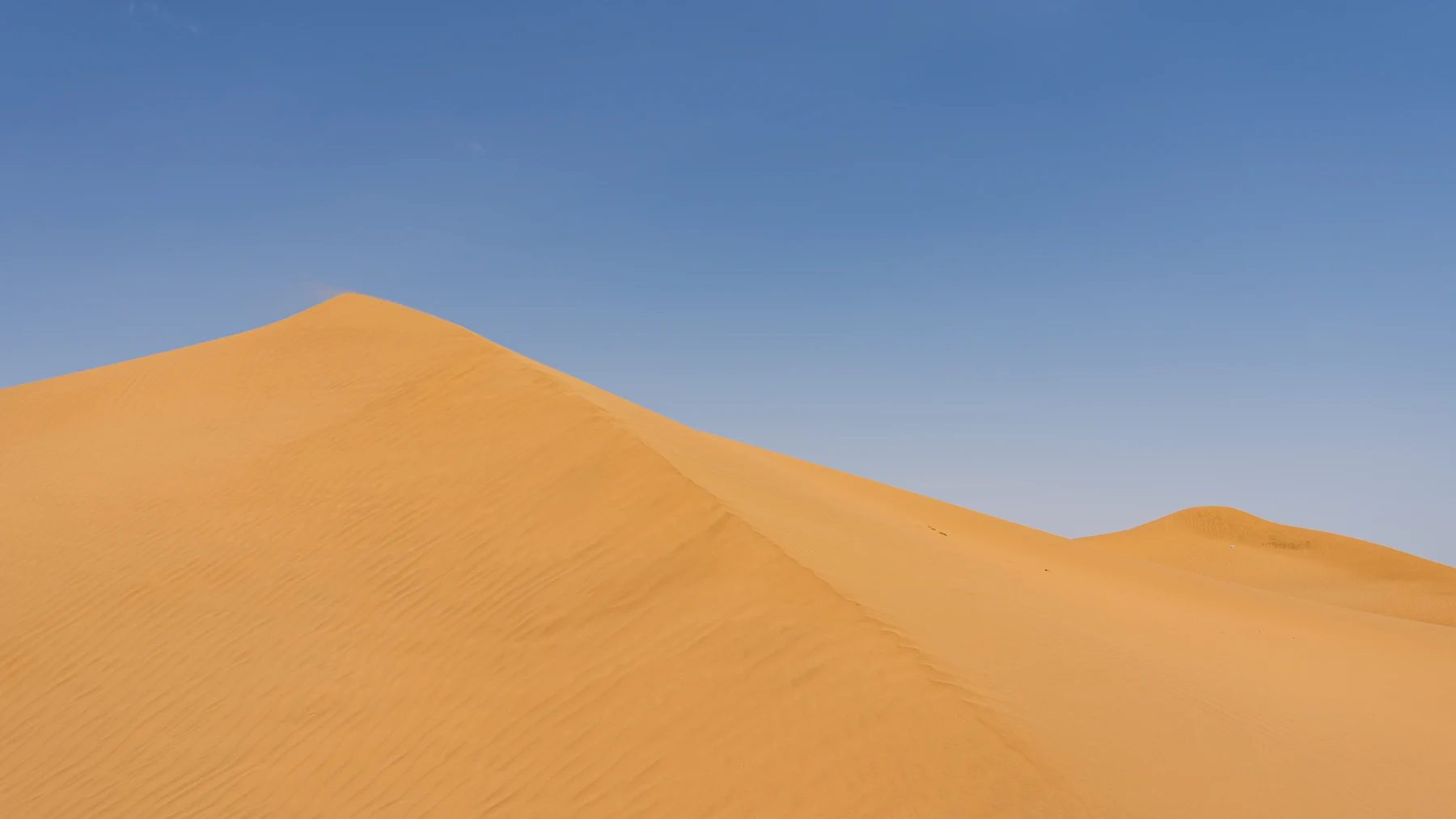 Sunlit sand dunes beneath a blue sky.