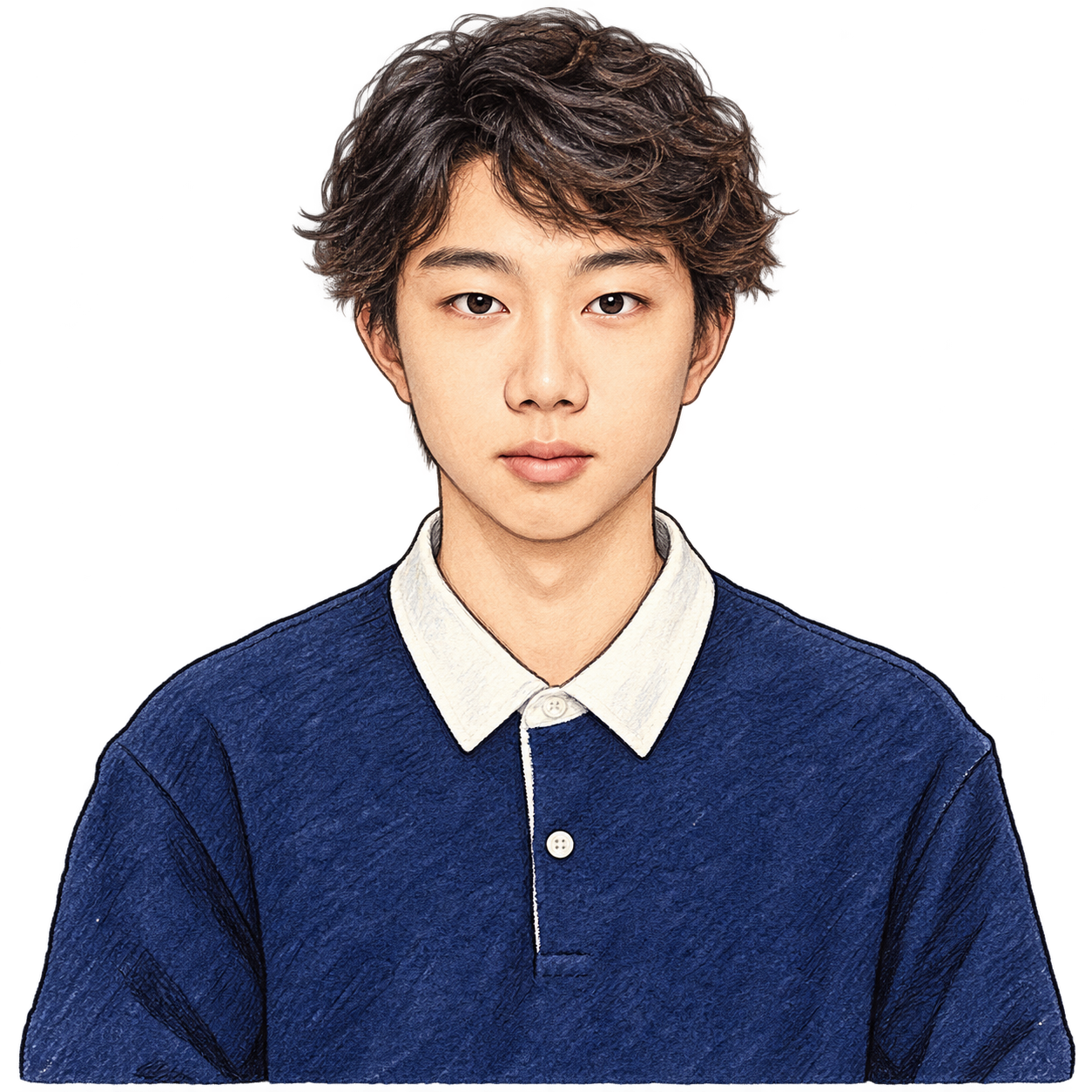 Illustrated portrait of Charles Hong, with wavy dark hair, a navy sweater, and a white collar.